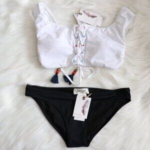 NWT Jessica Simpson White Black Bikini Swim Set Size Small